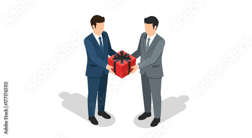 Businessmen exchanging gift box in isometric style for corporate collaboration
