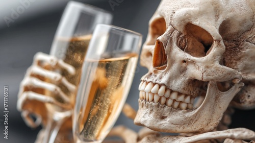 In a lavish private jet, a skeleton raises two glasses of sparkling drink, embodying an eerie celebration. The luxurious setting contrasts sharply with its bony presence