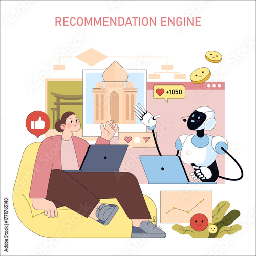 Interaction with Recommendation Engine Vector Illustration