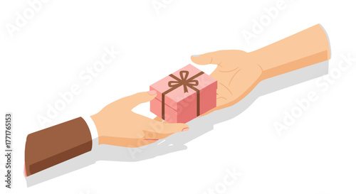 Isometric hands exchanging a pink gift box with ribbon on white background