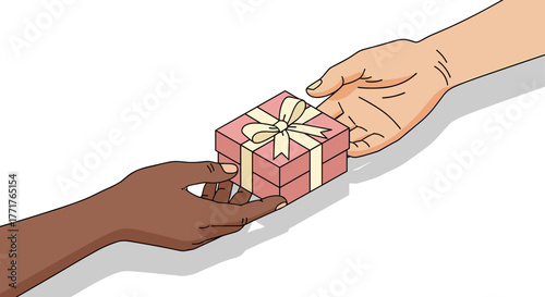 Hands exchanging a gift box with ribbon in minimalist style