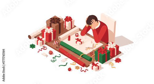 Frustrated man amid holiday gift wrapping chaos in isometric style