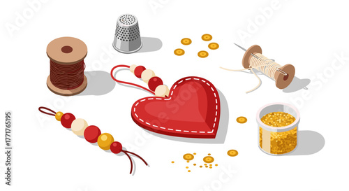 Sewing and craft supplies heart, beads, thread, and thimble on white background