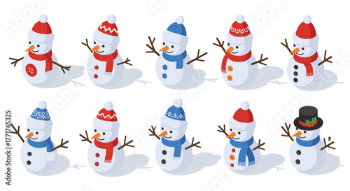 Colorful cartoon snowmen with winter hats and scarves in various styles