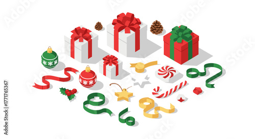 Festive holiday gifts and decorations in isometric style for christmas celebrations