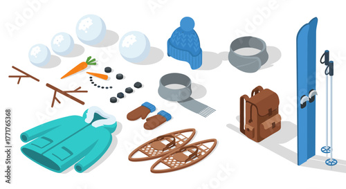 Winter sports essentials in isometric view gear for snow adventures