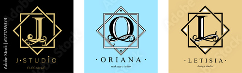 Logo J, O, capital letter L. Monogram of Botanical in two squares. with Organic Plant Elements.