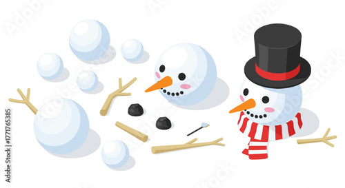 Isometric snowman building set with accessories and top hat
