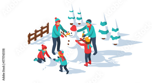 Family building a snowman together in a winter wonderland scene