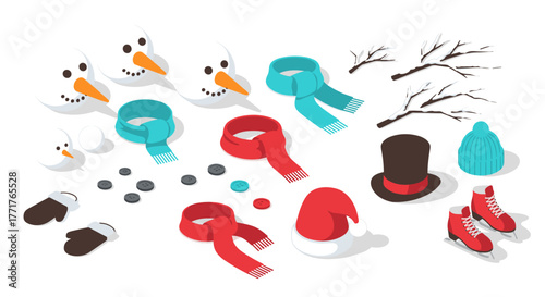 Isometric winter ensemble with snowmen and ice skating accessories