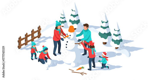 Family building snowman in winter wonderland scene with children and pine trees