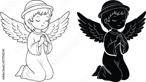 Kneeling angel prayer silhouette, religious vector art, spiritual wings illustration, Christian devotion design, sacred halo artwork, cad drawing flat vector illustration