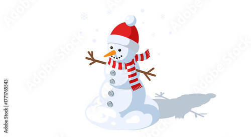Friendly snowman with striped scarf and santa hat in winter scene