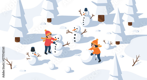 Winter fun in a snowy forest landscape with kids building snowmen