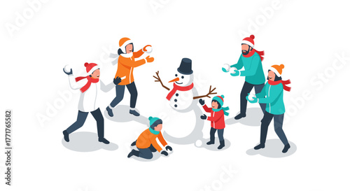 Family enjoying a snow day with snowman and snowball fights in winter wonderland