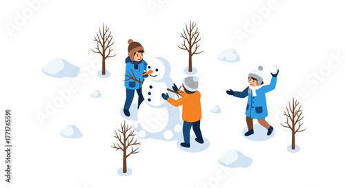 Children building snowman in winter park scene with snowy trees and playful activities