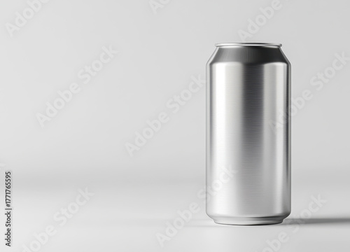 Silver metal drink can mockup on gray background – minimalist beverage packaging design