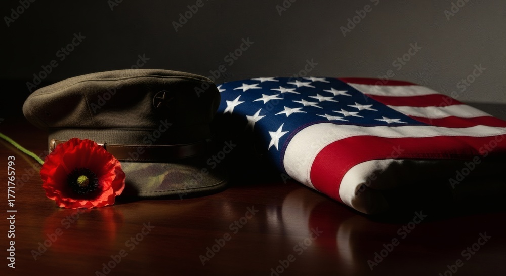 Naklejka premium Respectful remembrance of military service with folded american flag, poppy, and service cap on wooden table