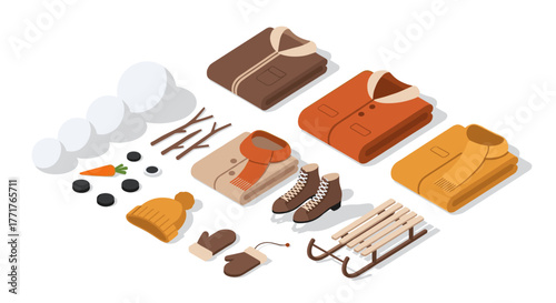 Isometric winter clothing and accessories set with sled and snowman elements