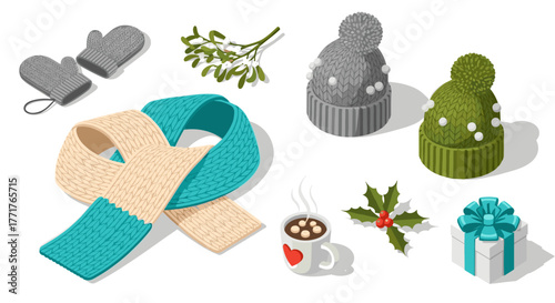 Cozy winter accessories and festive decorations in isometric style