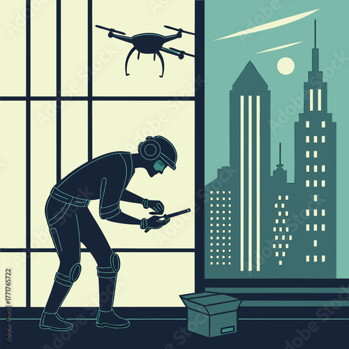 Silhouette of a humanoid robot repairing a flying drone under city lights