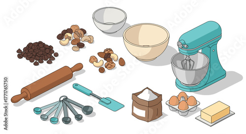 Baking essentials with modern mixer and ingredients in isometric style