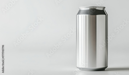 Silver metal drink can mockup on gray background – minimalist beverage packaging design