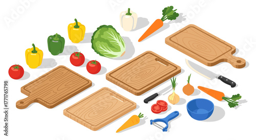 Kitchen essentials with cutting boards and fresh vegetables in isometric view