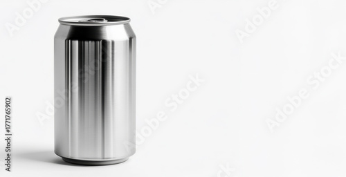 Silver metal drink can mockup on gray background – minimalist beverage packaging design