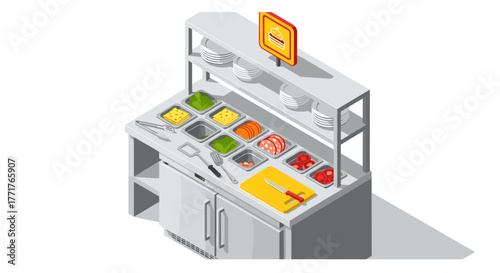 Isometric sandwich preparation station with ingredients and kitchen tools