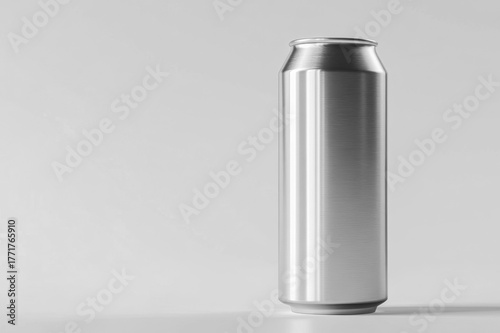 Silver metal drink can mockup on gray background – minimalist beverage packaging design