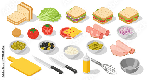 Isometric ingredients for sandwich preparation with vegetables and utensils
