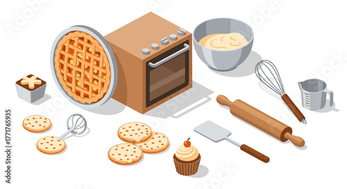 Isometric baking utensils and ingredients with oven, pie, and cupcake