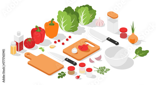 Isometric kitchen ingredients with vegetables, cutting boards, and knives