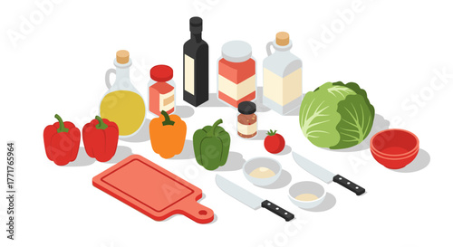 Isometric kitchen ingredients with vegetables and condiments