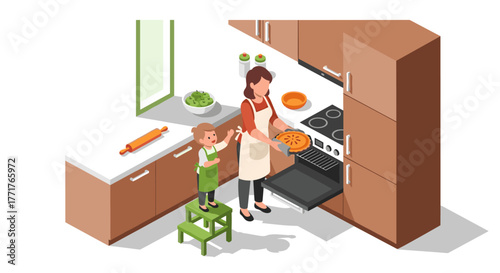 Mother and daughter baking together in modern kitchen isometric scene