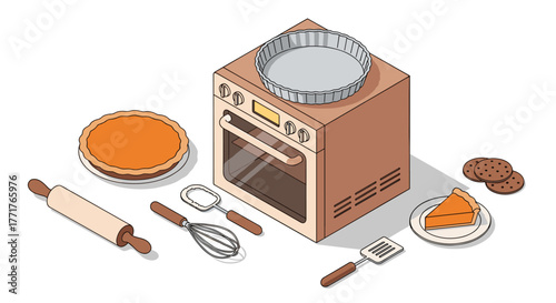 Isometric kitchen baking scene with oven and pastry tools