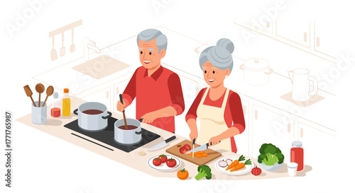 Happy elderly couple cooking together in modern kitchen with fresh ingredients