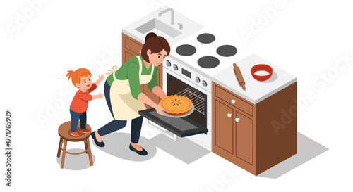 Mother and child baking apple pie in isometric kitchen with wooden cabinetry