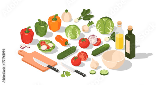Colorful isometric vegetables with cooking tools on white background