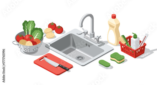 Isometric kitchen sink scene with vegetables and cleaning supplies