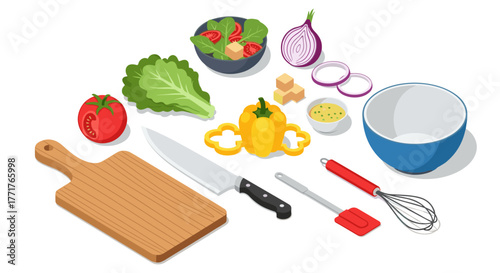 Isometric kitchen tools and ingredients set for salad preparation