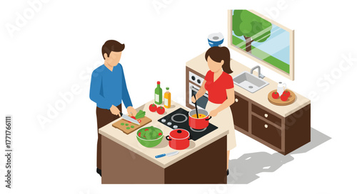 Isometric couple cooking in modern kitchen with fresh vegetables and appliances