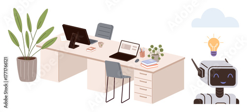 Dual office desks with computers, chair, plant, books, coffee, cheerful robot, lightbulb and cloud. Ideal for teamwork AI innovation creativity learning workspace and productivity. Simple flat