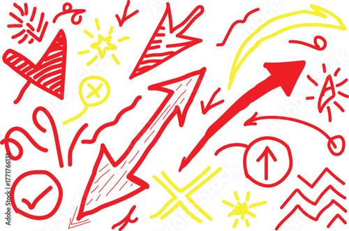 Collection of hand drawn red and yellow arrows symbols and scribbles on white background