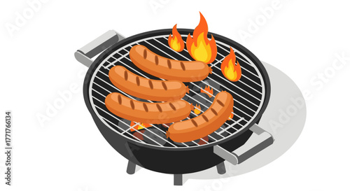Isometric outdoor barbecue grill with sausages and flames