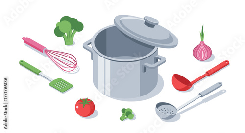 Isometric kitchen utensils and vegetables set for cooking themes