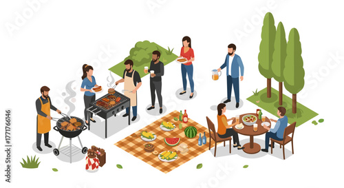 Isometric backyard bbq party with friends and family in a park setting
