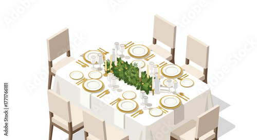 Elegant isometric dining table set with floral centerpiece and tableware