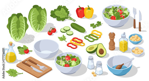 Fresh salad ingredients with avocado, peppers, and veggies in isometric style